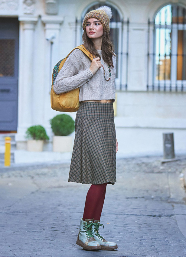 Flared Brown Plaid Houndstooth Skirt