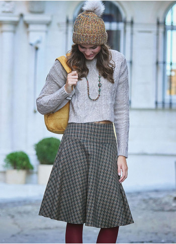 Flared Brown Plaid Houndstooth Skirt