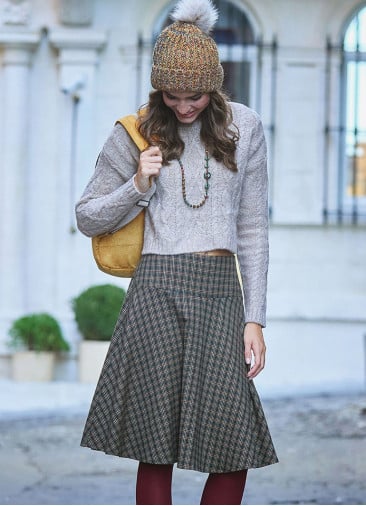 Flared Brown Plaid Houndstooth Skirt