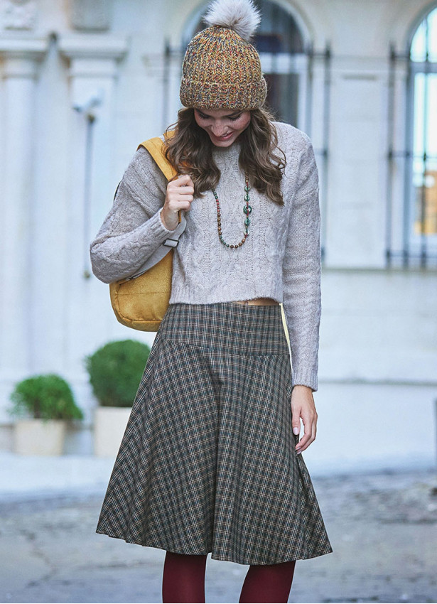 Flared Brown Plaid Houndstooth Skirt