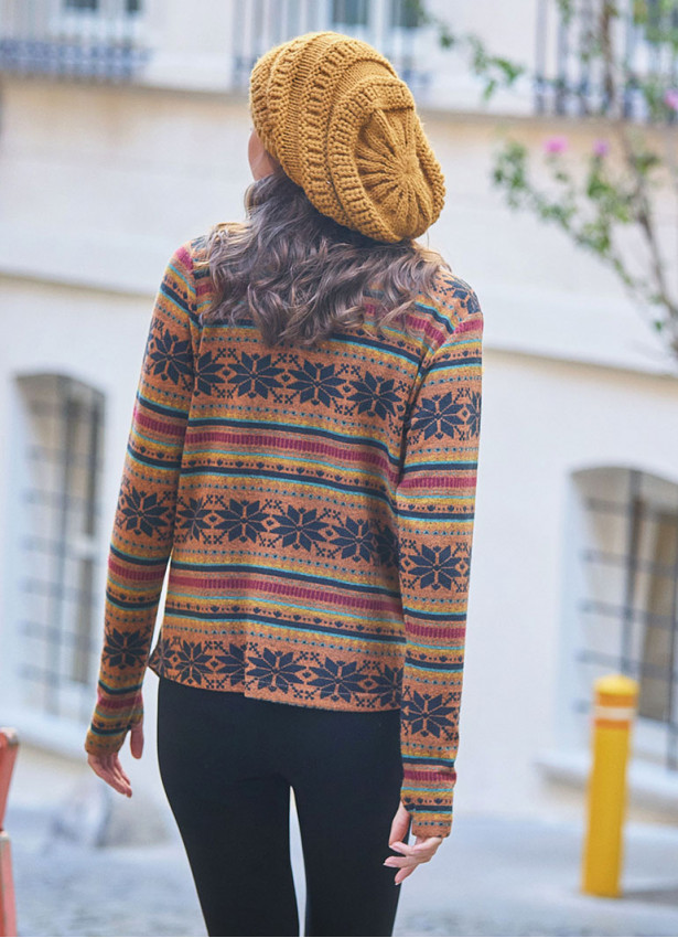 Boho Style Thumbhole Mustard Patterned Cardigan