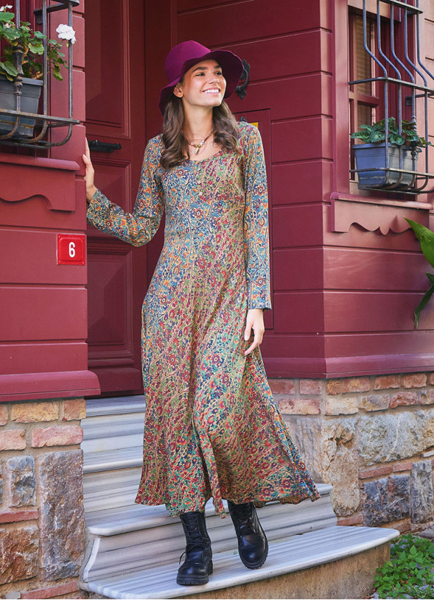 Long Sleeve Winter Ethnic Patterned Patch Dress