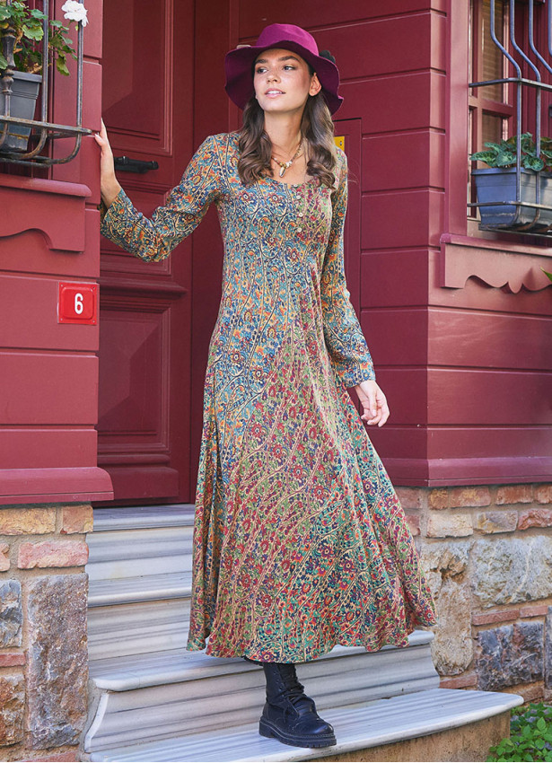 Long Sleeve Winter Ethnic Patterned Patch Dress