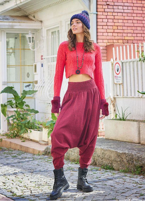 Winter Elastic Waist and Leg Maroon Harem Pants