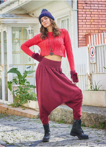 Winter Elastic Waist and Leg Maroon Harem Pants