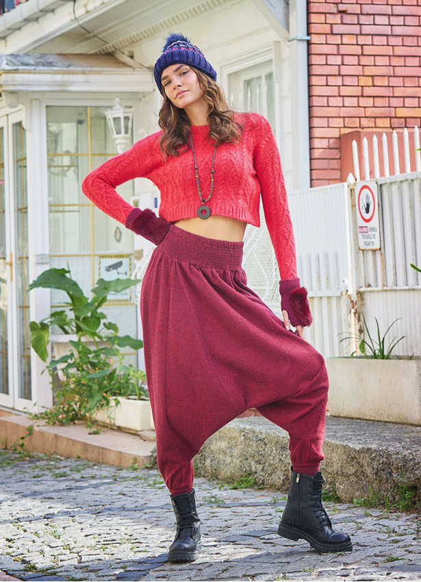 Winter Elastic Waist and Leg Maroon Harem Pants