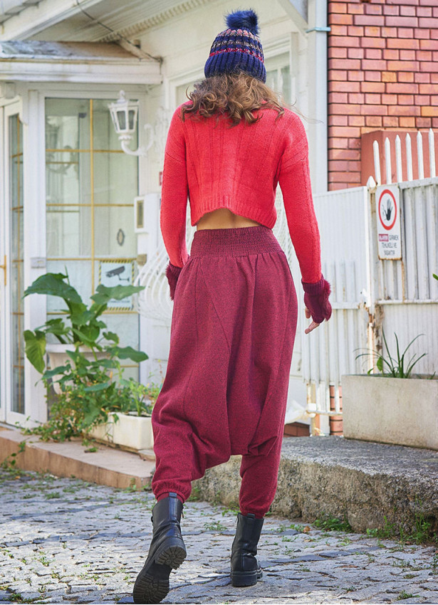 Winter Elastic Waist and Leg Maroon Harem Pants