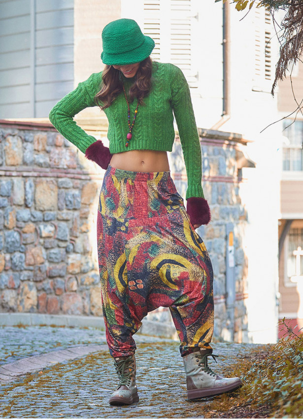 Elastic Waist Yellow Patterned Winter Harem Pants