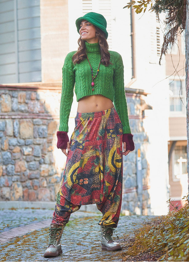 Elastic Waist Yellow Patterned Winter Harem Pants