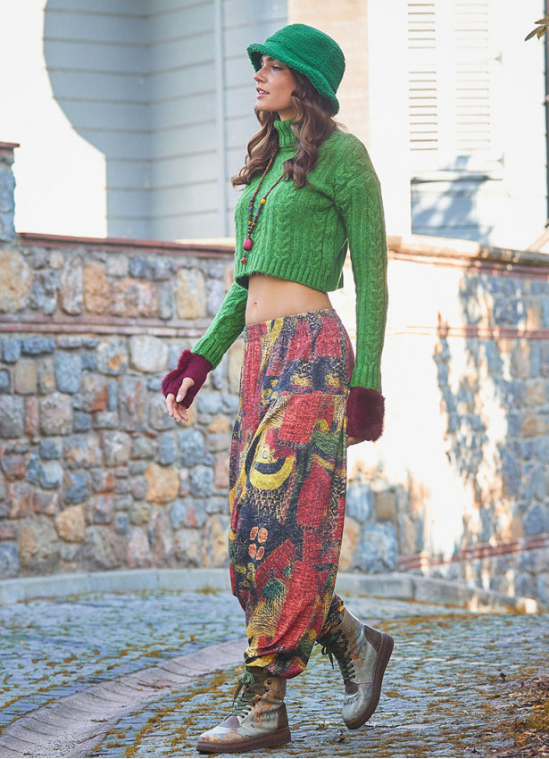 Elastic Waist Yellow Patterned Winter Harem Pants