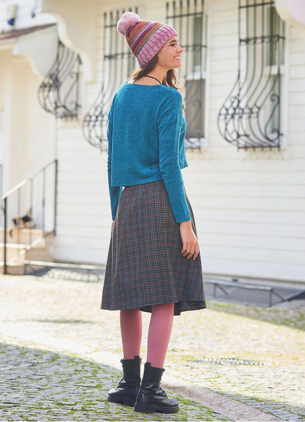 Flared Brown Patterned Houndstooth Skirt