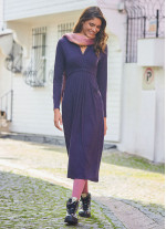 V Neckline Tie Waist Long Winter Dress