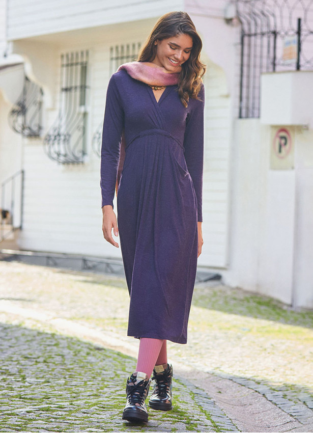 V Neckline Tie Waist Long Winter Dress