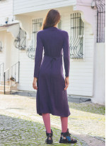 V Neckline Tie Waist Long Winter Dress