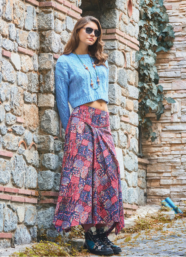 Red Printed Asymmetrical Hem Flared Midi Skirt