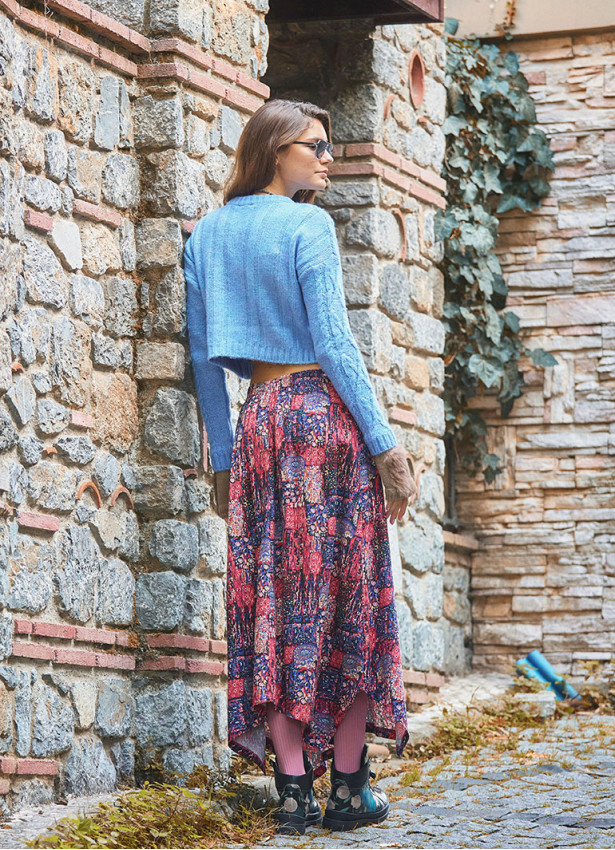 Red Printed Asymmetrical Hem Flared Midi Skirt