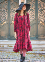 Long Puff Sleeve Red Long Tiered Dress