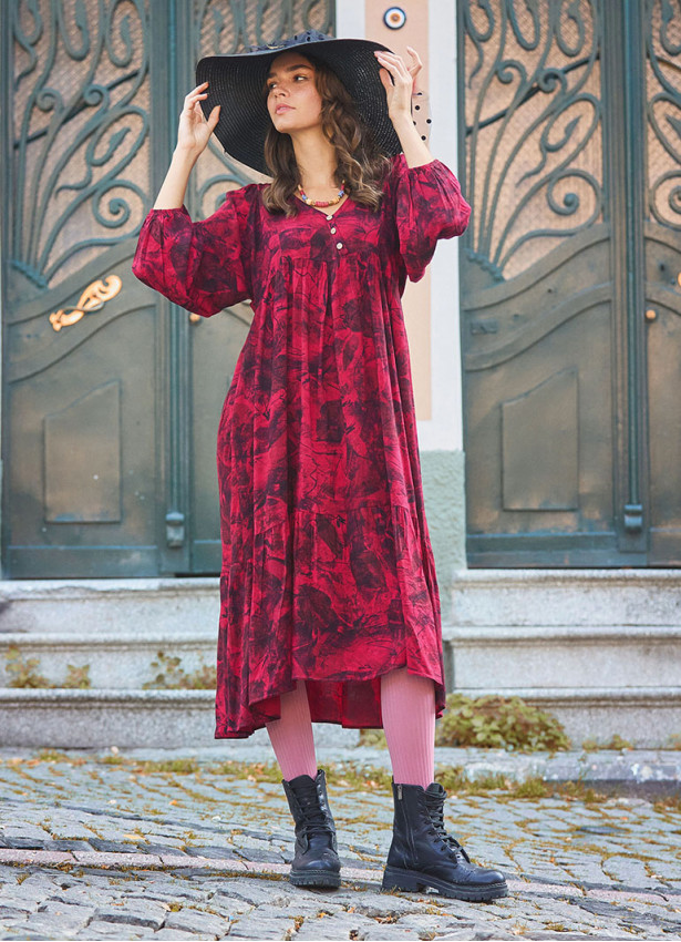 Long Puff Sleeve Red Long Tiered Dress