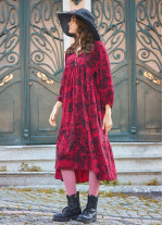 Long Puff Sleeve Red Long Tiered Dress