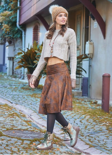 Flared Brown Patterned Suede Skirt