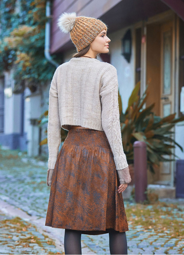 Flared Brown Patterned Suede Skirt