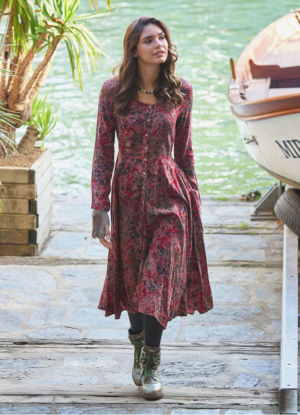 Red Print Asymmetrical Hem Button Down Long Sleeve Dress