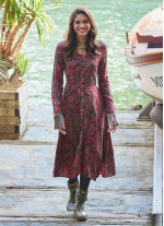 Red Print Asymmetrical Hem Button Down Long Sleeve Dress