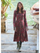 Red Print Asymmetrical Hem Button Down Long Sleeve Dress