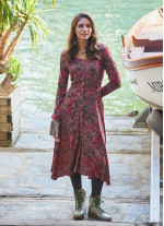 Red Print Asymmetrical Hem Button Down Long Sleeve Dress