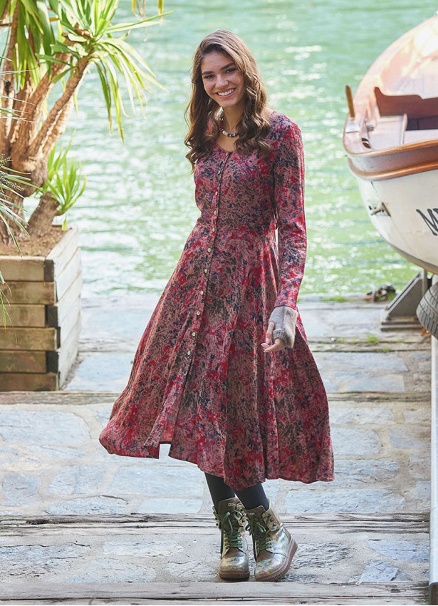 Red Print Asymmetrical Hem Button Down Long Sleeve Dress