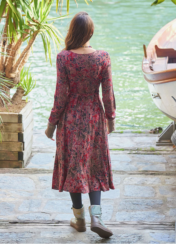 Red Print Asymmetrical Hem Button Down Long Sleeve Dress