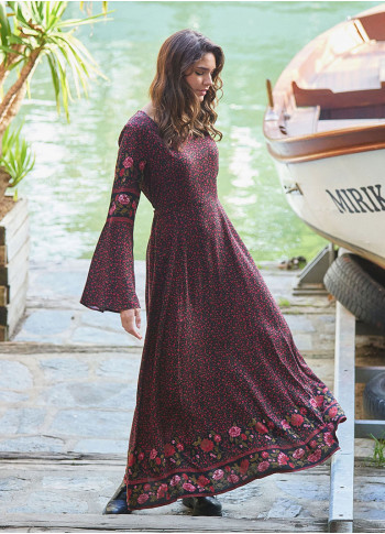 Boat Neck Black Floral Gypsy Style Long Dress