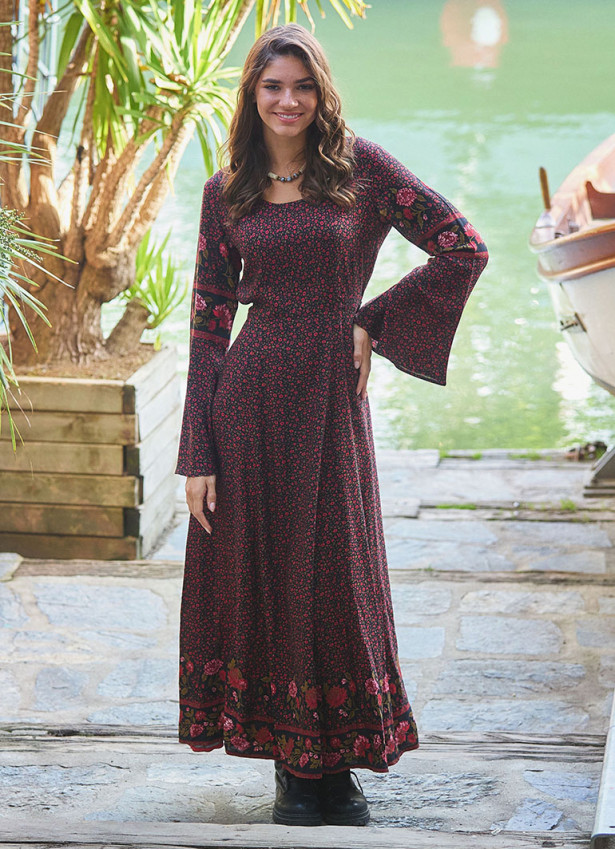 Boat Neck Black Floral Gypsy Style Long Dress