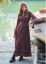 Boat Neck Black Floral Gypsy Style Long Dress