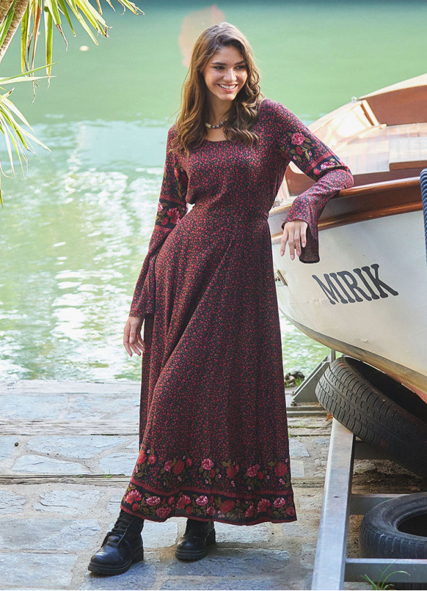 Boat Neck Black Floral Gypsy Style Long Dress