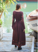 Boat Neck Black Floral Gypsy Style Long Dress