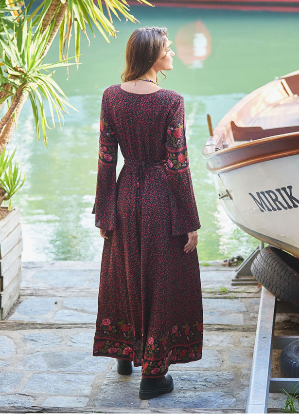 Boat Neck Black Floral Gypsy Style Long Dress