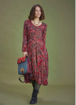 Red Print Asymmetrical Hem Button Down Long Sleeve Dress