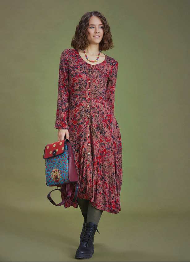 Red Print Asymmetrical Hem Button Down Long Sleeve Dress