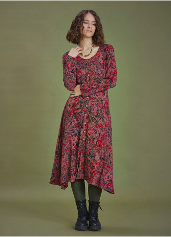 Red Print Asymmetrical Hem Button Down Long Sleeve Dress