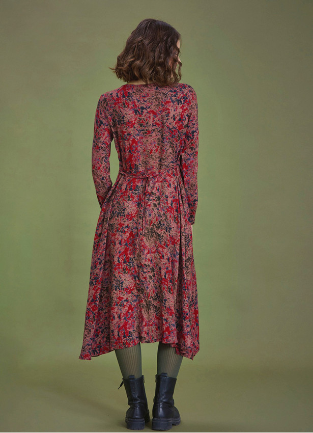 Red Print Asymmetrical Hem Button Down Long Sleeve Dress