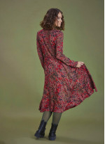 Red Print Asymmetrical Hem Button Down Long Sleeve Dress