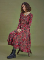 Red Print Asymmetrical Hem Button Down Long Sleeve Dress