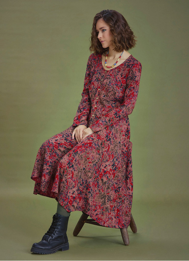 Red Print Asymmetrical Hem Button Down Long Sleeve Dress