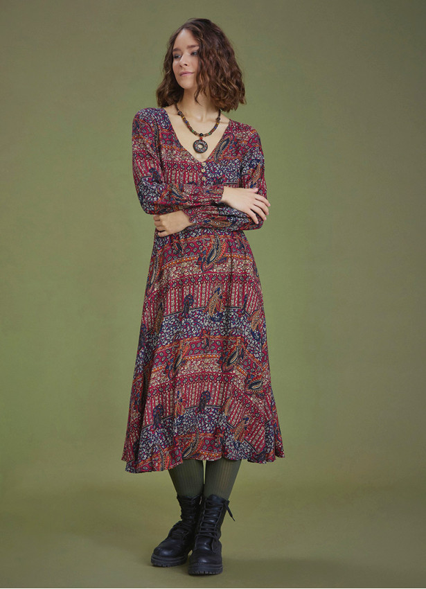 Boho Style Ruffle Sleeve Ethnic Patterned Dress