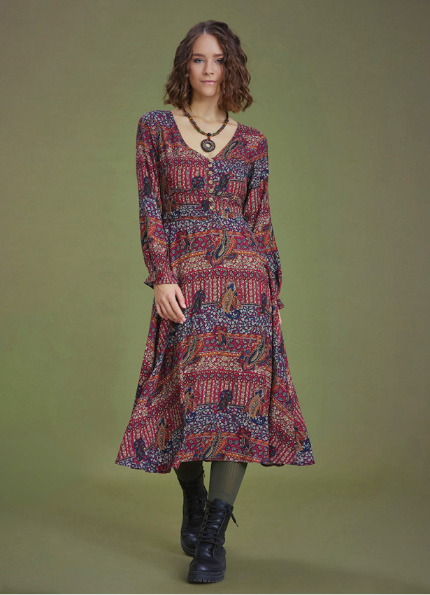 Boho Style Ruffle Sleeve Ethnic Patterned Dress