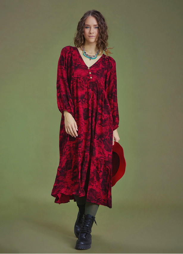 Long Puff Sleeve Red Long Tiered Dress