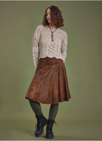 Flared Brown Patterned Suede Skirt