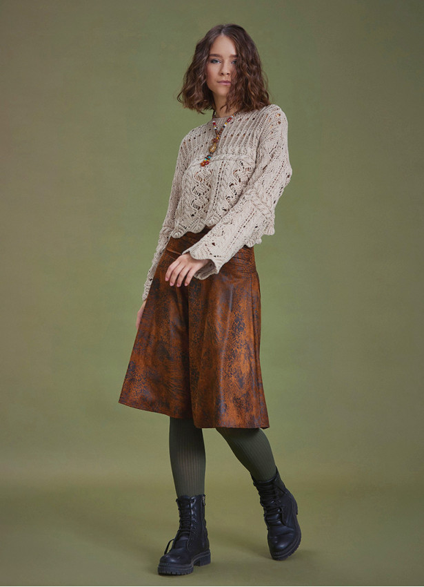 Flared Brown Patterned Suede Skirt