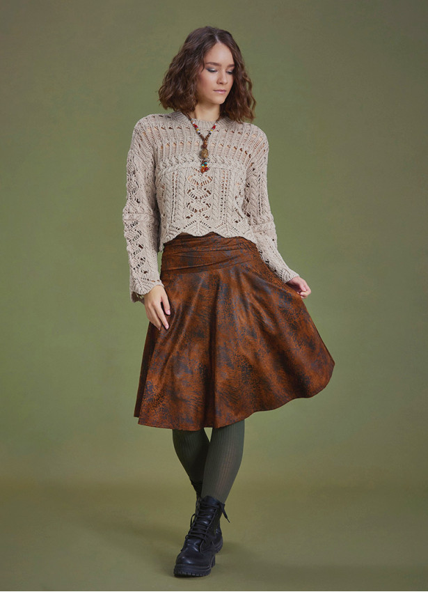 Flared Brown Patterned Suede Skirt